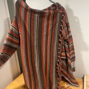 Striped Multicolor Poncho with Fringe